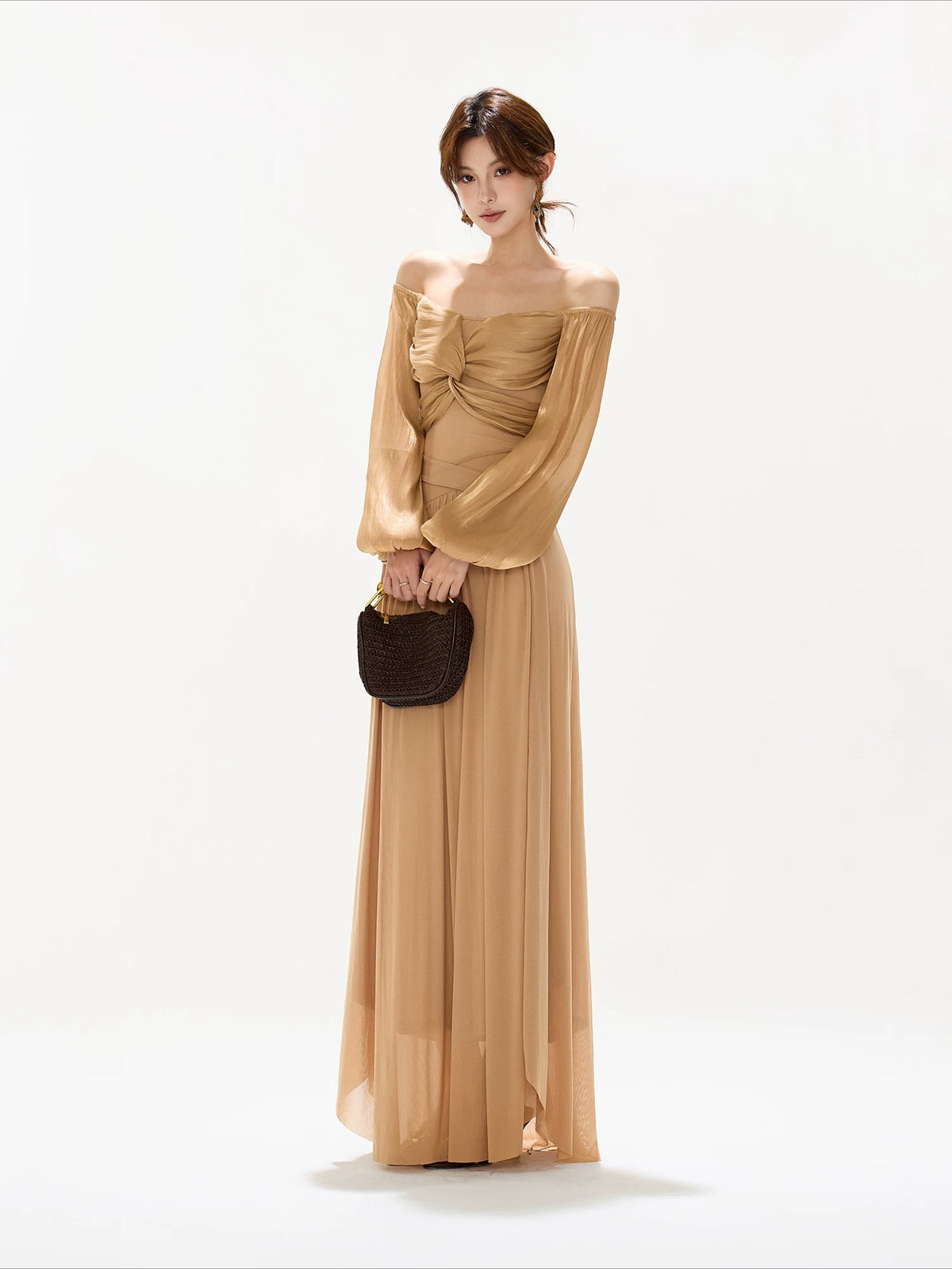 Brown Off Shoulder Butterfly Knot Maxi Dress