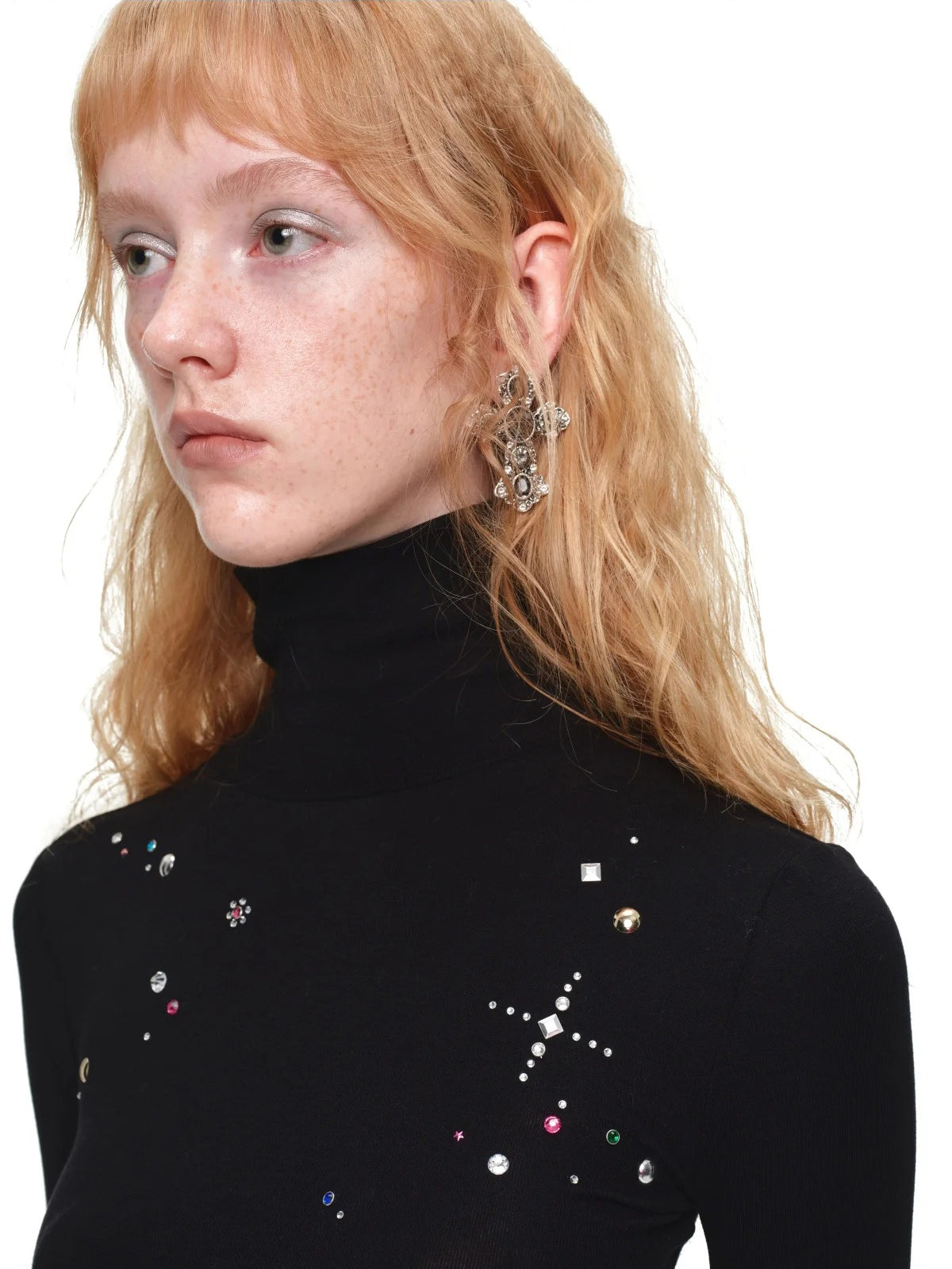 Rhinestone Lyocell Wool Turtleneck Top