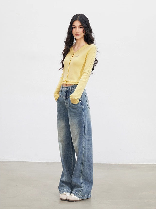 Lace-Trim Slim Knit Cardigan