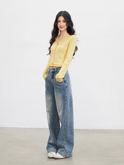 Lace-Trim Slim Knit Cardigan