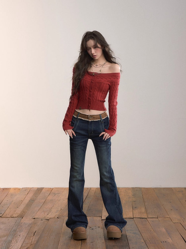Color-Blocked Faux Fur Waist Slim Flare Jeans