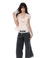 Tie Waist Puff Sleeve Short Blouse