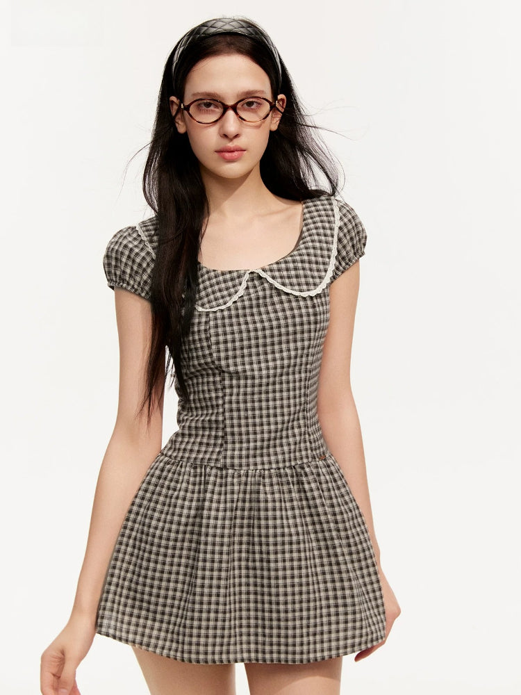 Plaid Pan Collar Puff-Sleeve Dress