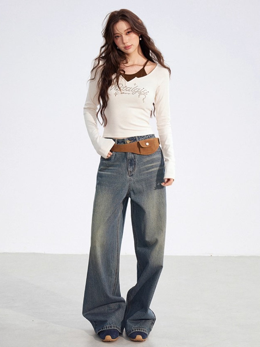 Leather-Patch Wide-Leg Denim Pants