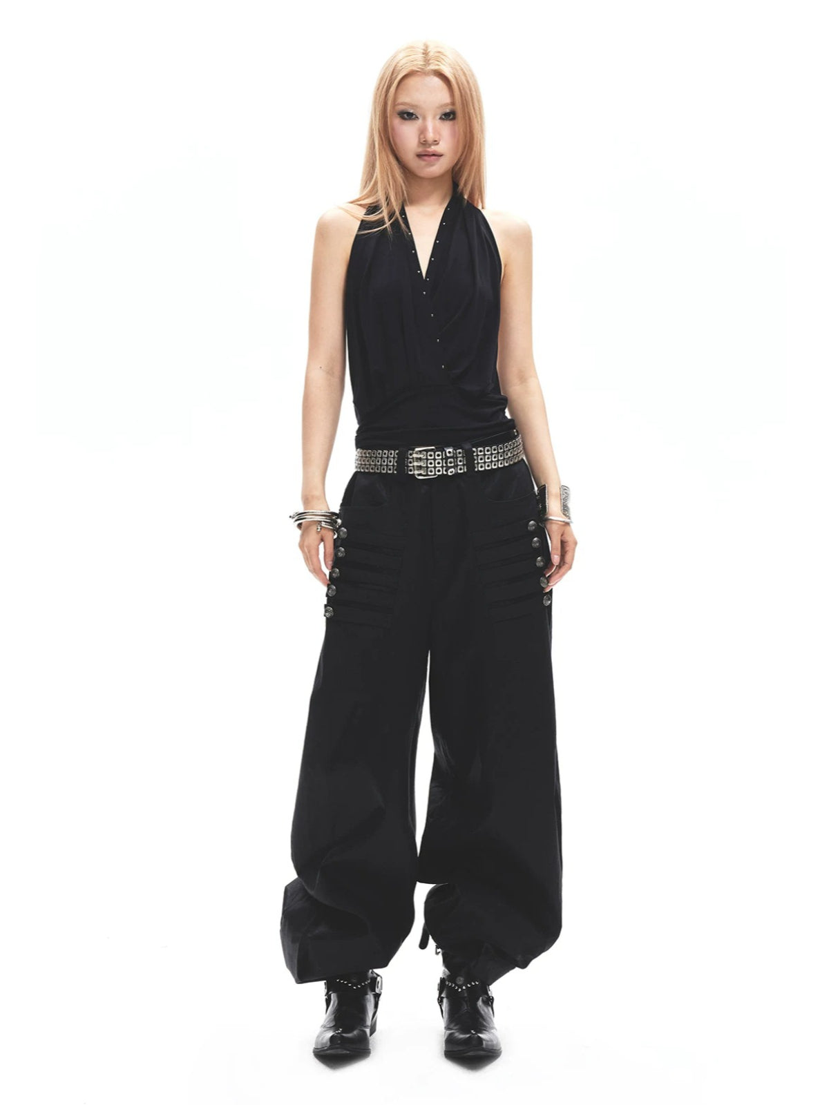 Studded Halter Ruched Crop Top