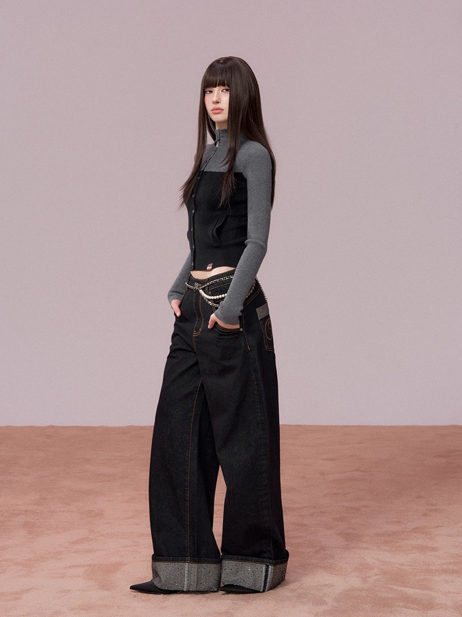 Rhinestone Cuffed Wide-Leg Denim Jeans