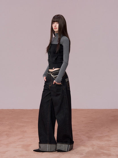 Rhinestone Cuffed Wide-Leg Denim Jeans