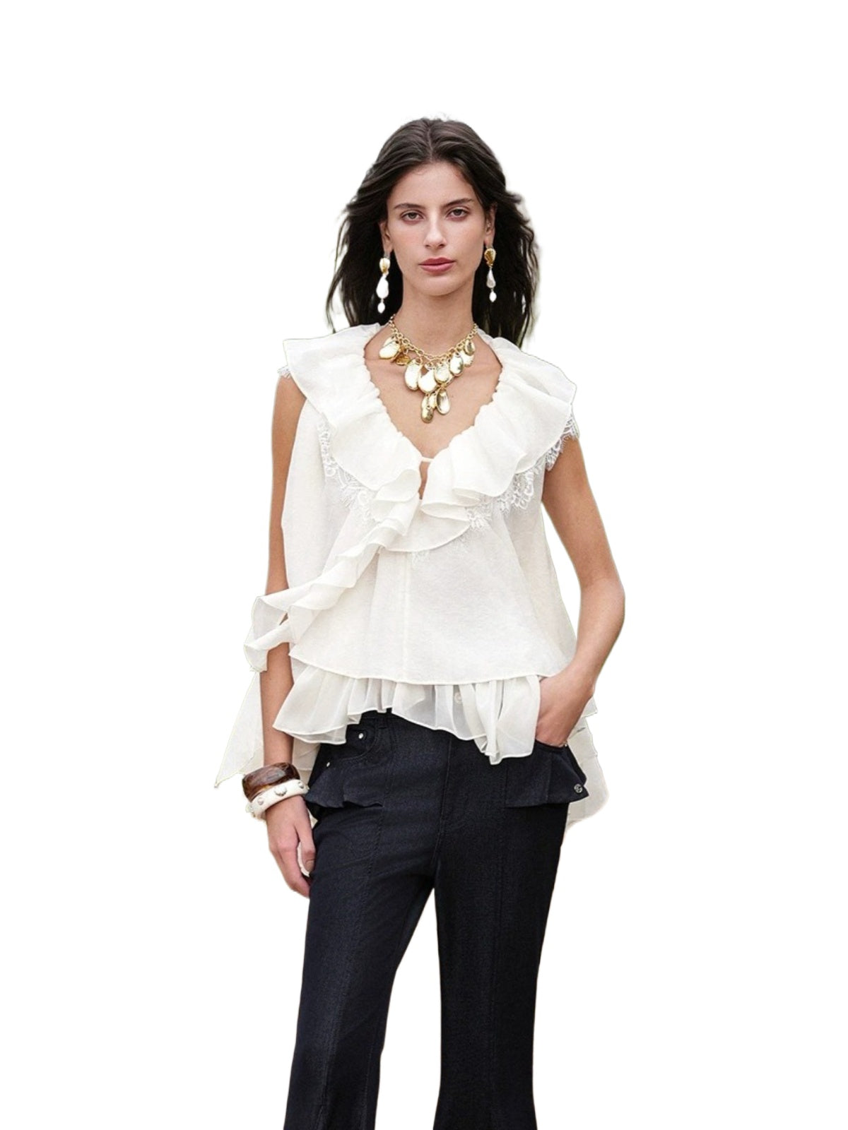 Ruffle V-Neck Sleeveless Blouse