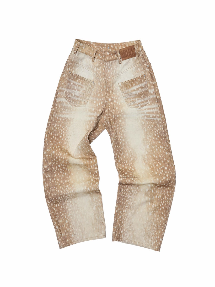 Vintage Deer Print Curved-Leg Canvas Pants