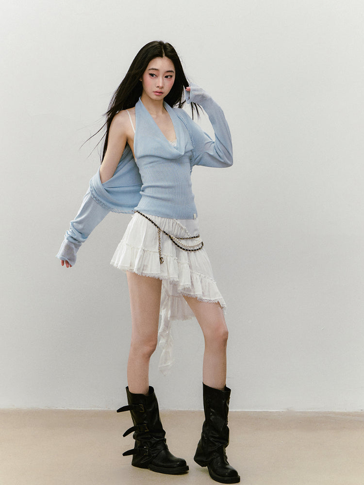 Irregular Hem Ribbon Lace Midi Skirt