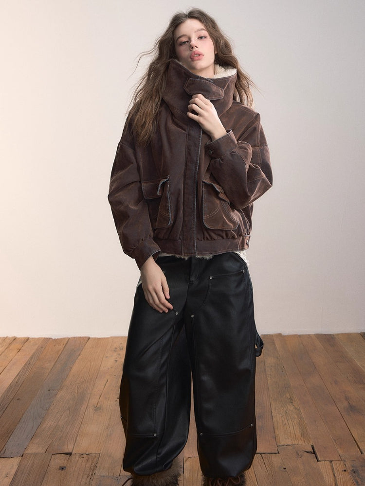 Velvet Denim Oversized Fur Collar Down Jacket