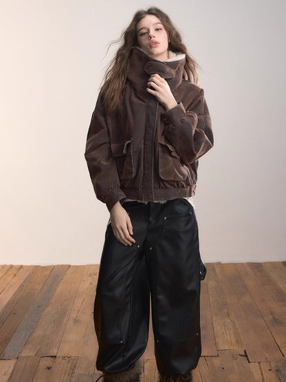 Velvet Denim Oversized Fur Collar Down Jacket