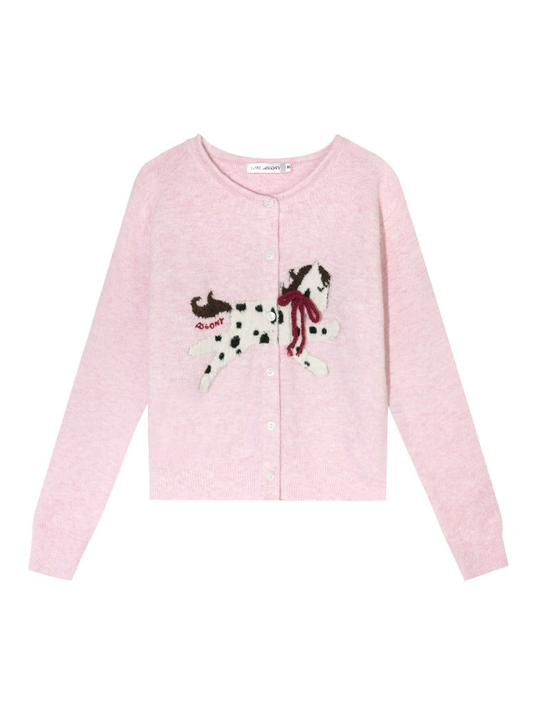 Pony Jacquard Bow Crewneck Knit Cardigan