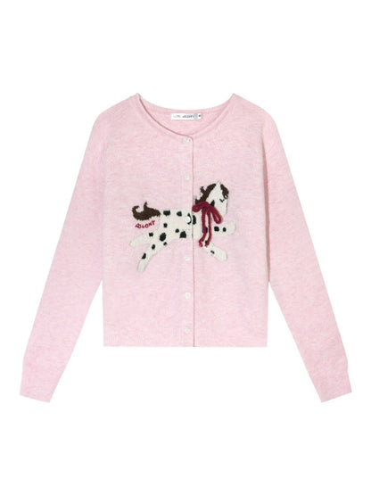 Pony Jacquard Bow Crewneck Knit Cardigan