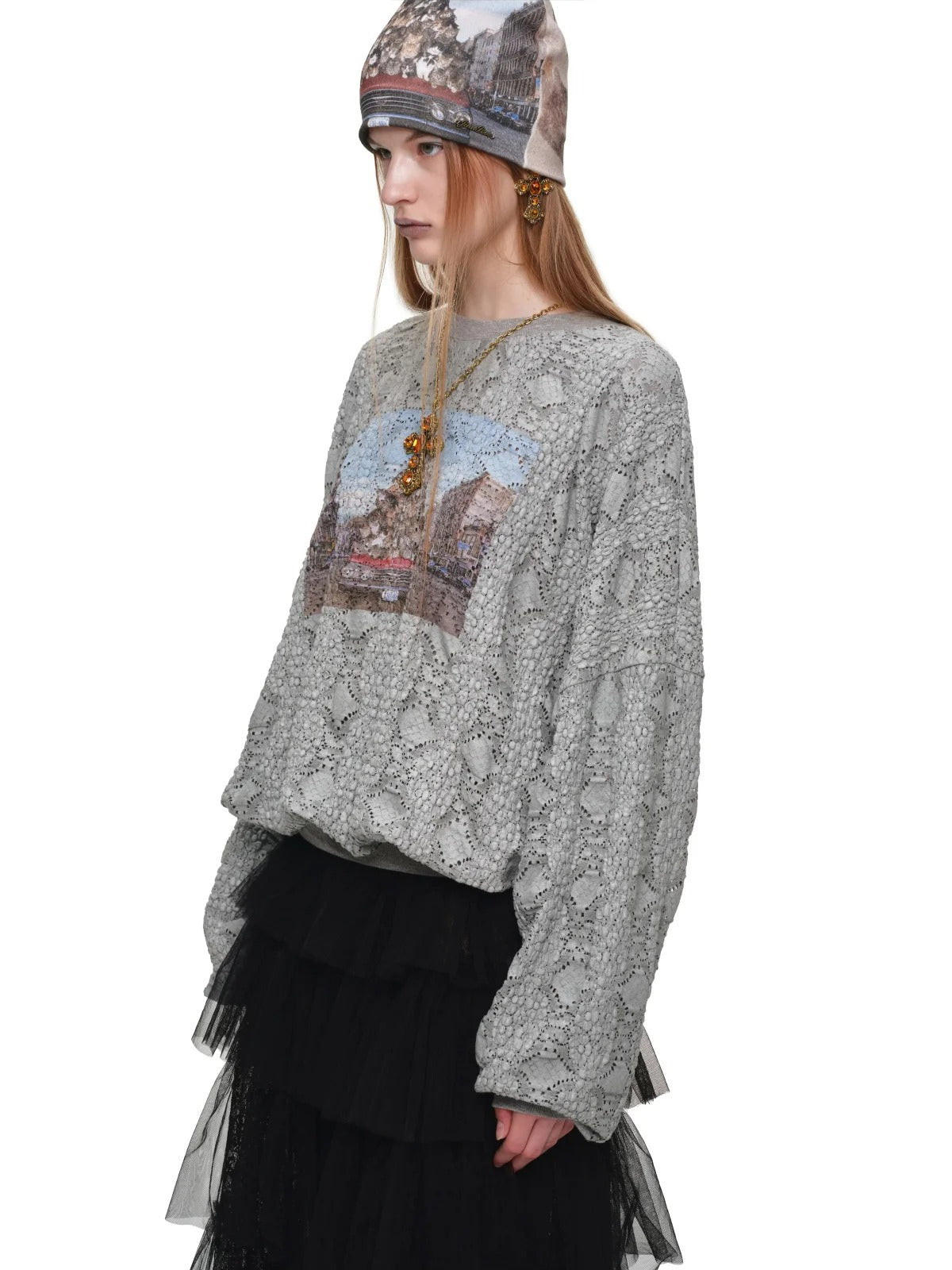 Cat Print Lace Balloon Sweatshirt