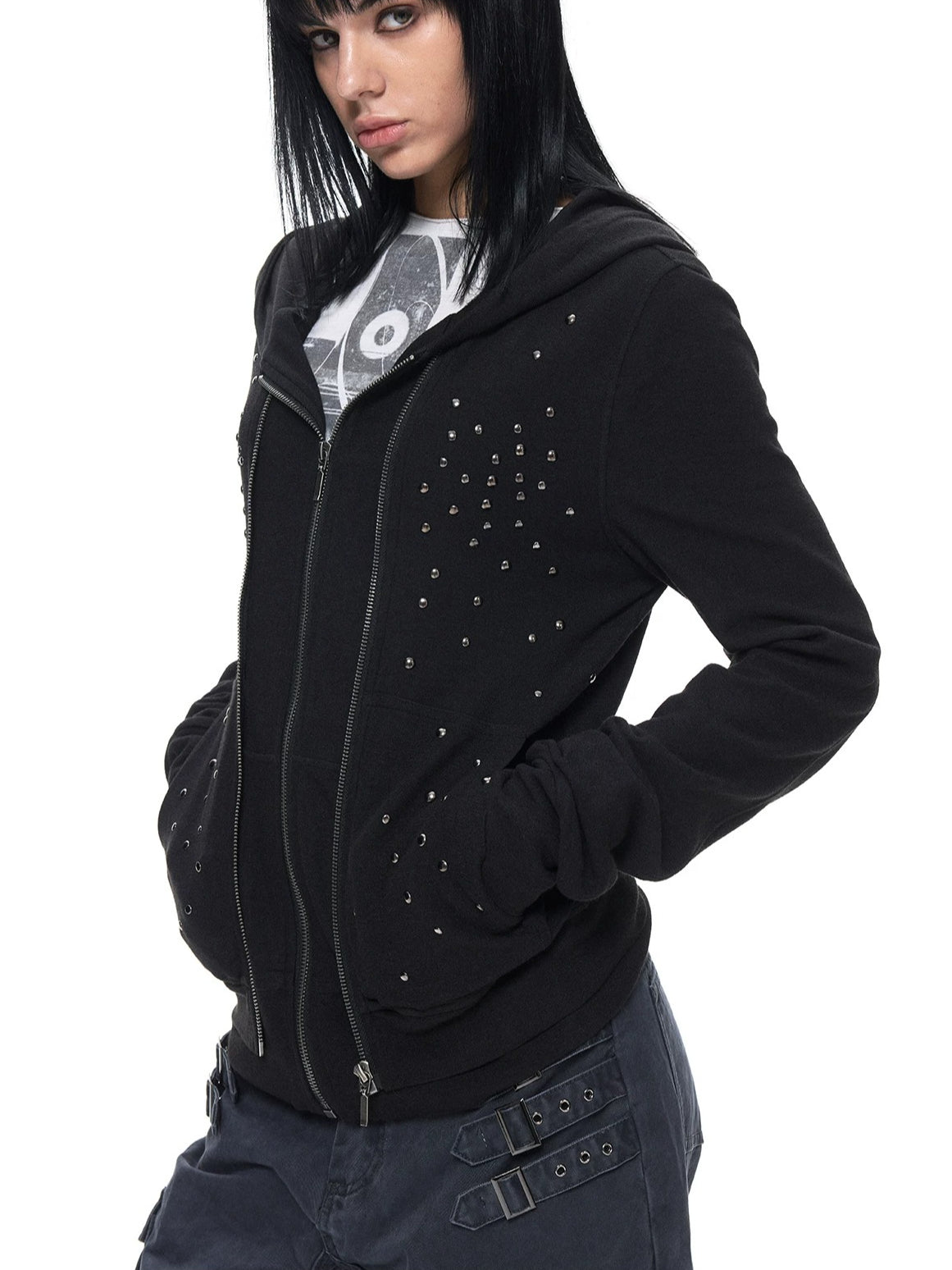 Black Studded Stripe Zip Hoodie