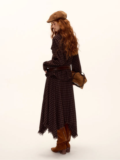 Frayed Hem Plaid Studded Belt Asymmetric A-Line Midi Skirt