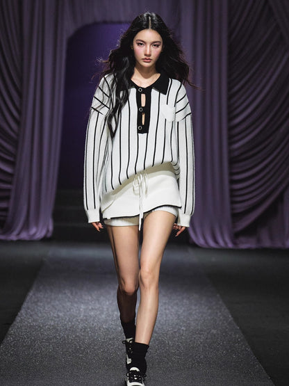 Striped Knit Polo T-Shirt &amp; Contrast Trim Skort Set