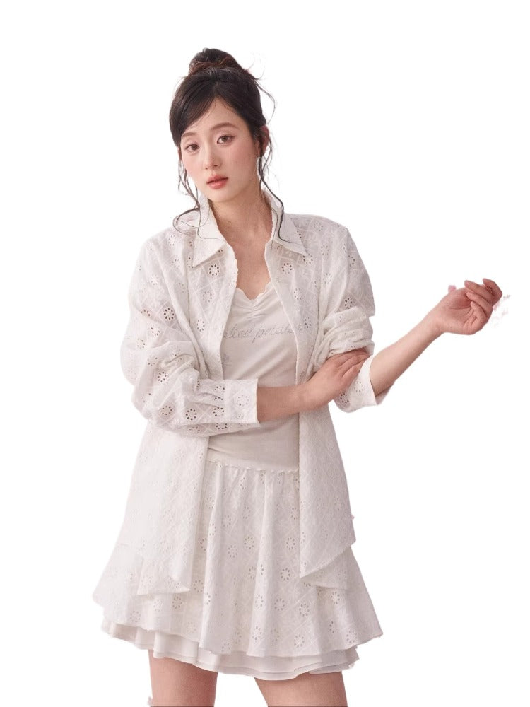 Lace Cutout Shirt &amp; Skirt Set