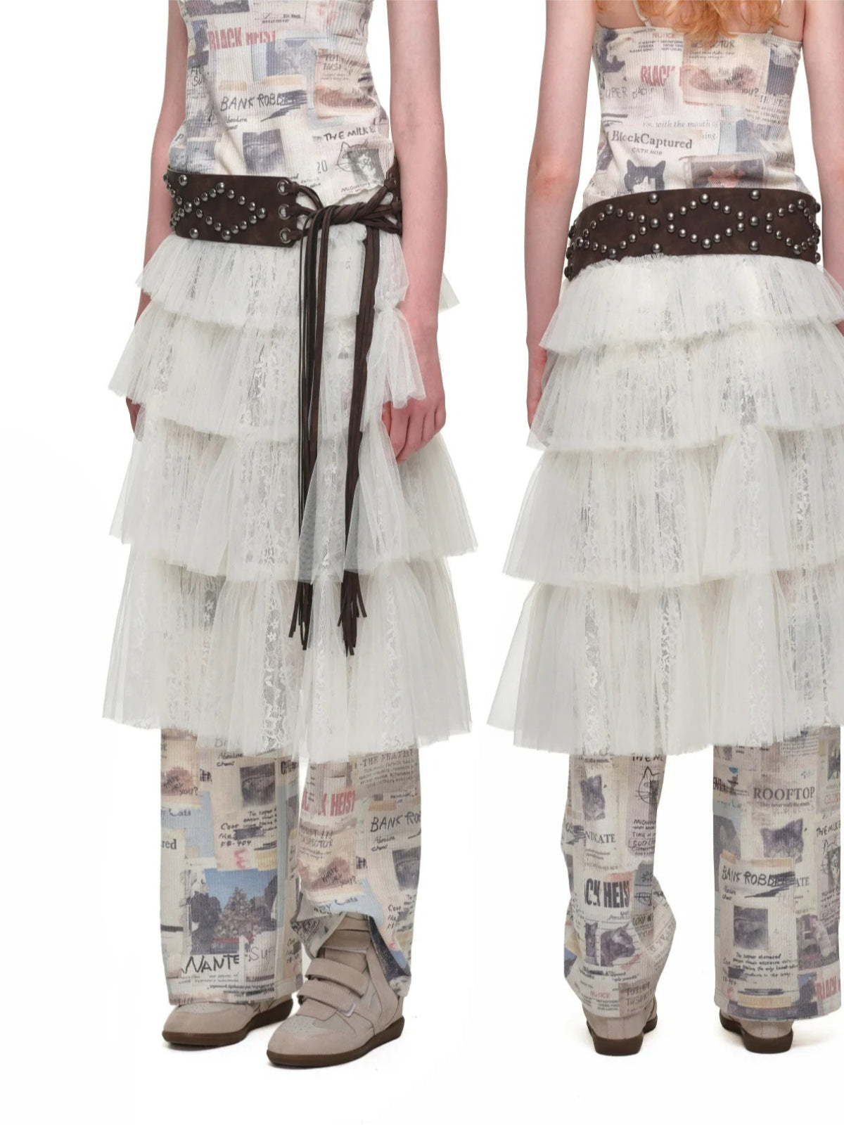 Tiered Lace Slit Midi Skirt