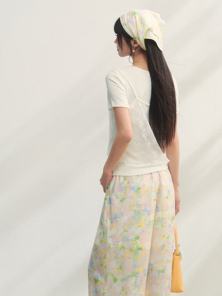 Lace-Trimmed Waist-Tie Wide-Leg Pants