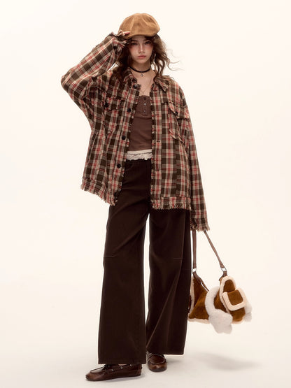 Checked Wool Blend Fringe Edge Shirt Jacket
