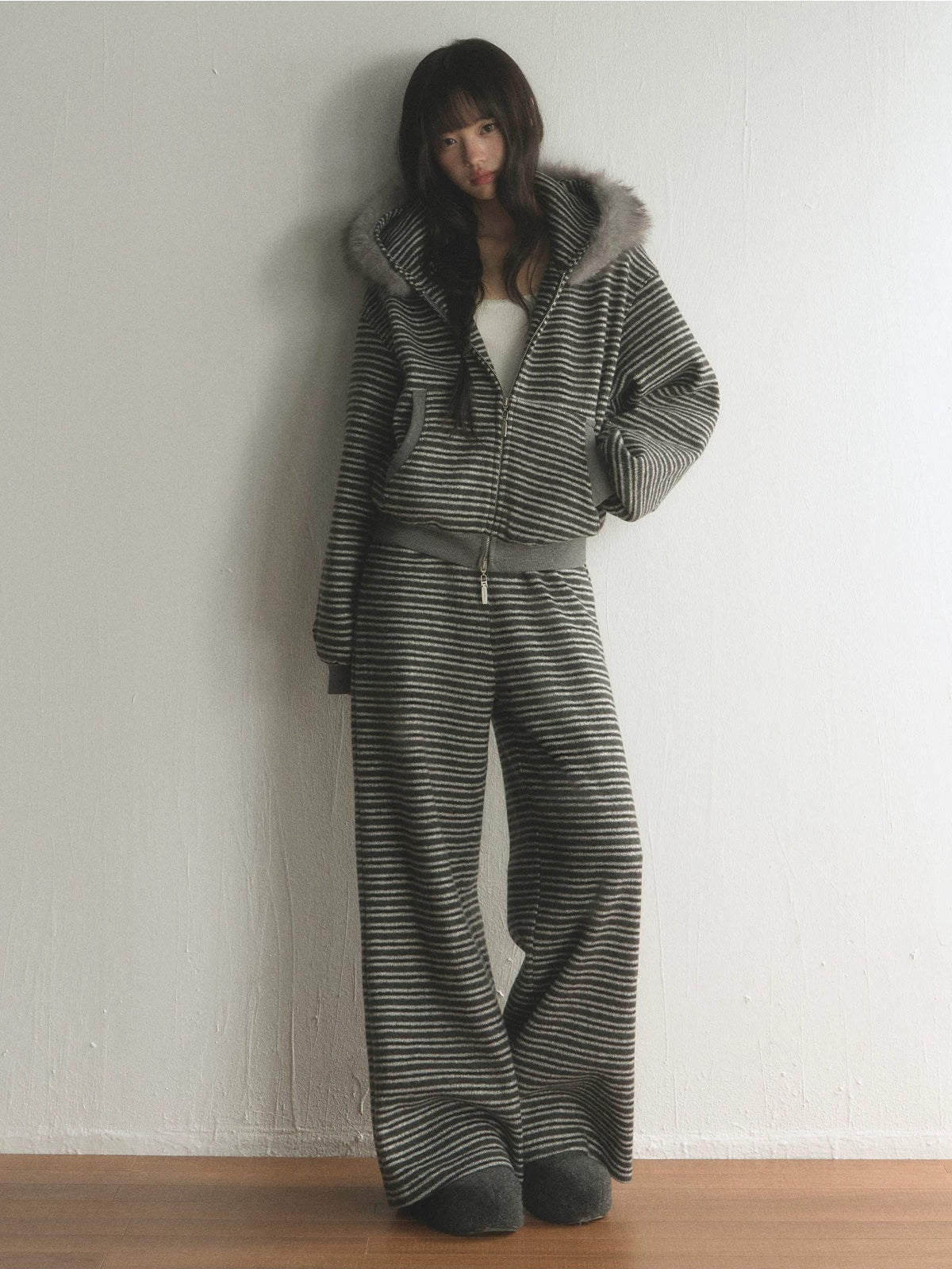 Striped Faux Fur Hooded Zip Cardigan