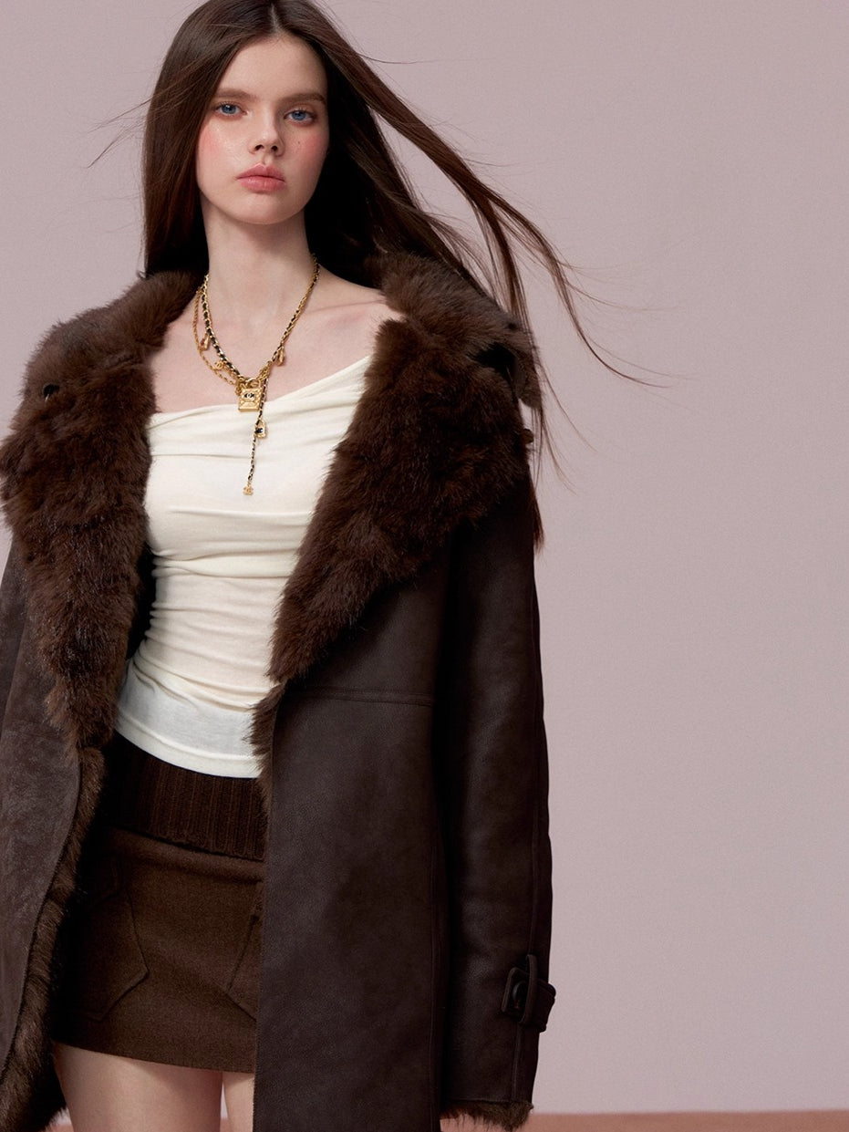 Faux Shearling-Lined PU Belted Coat