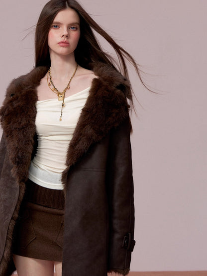 Faux Shearling-Lined PU Belted Coat