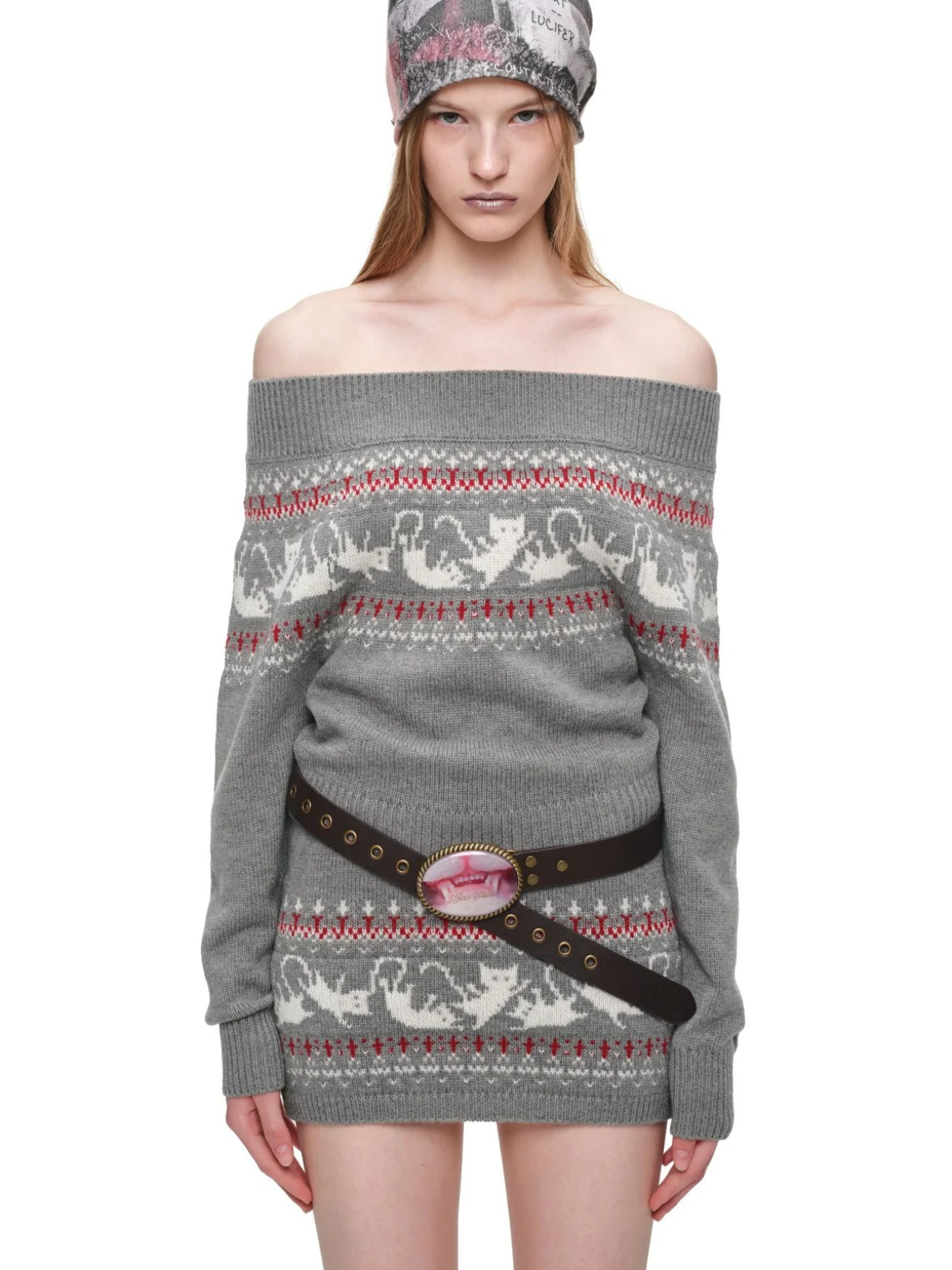 Fair Isle Cat Off-Shoulder Sweater