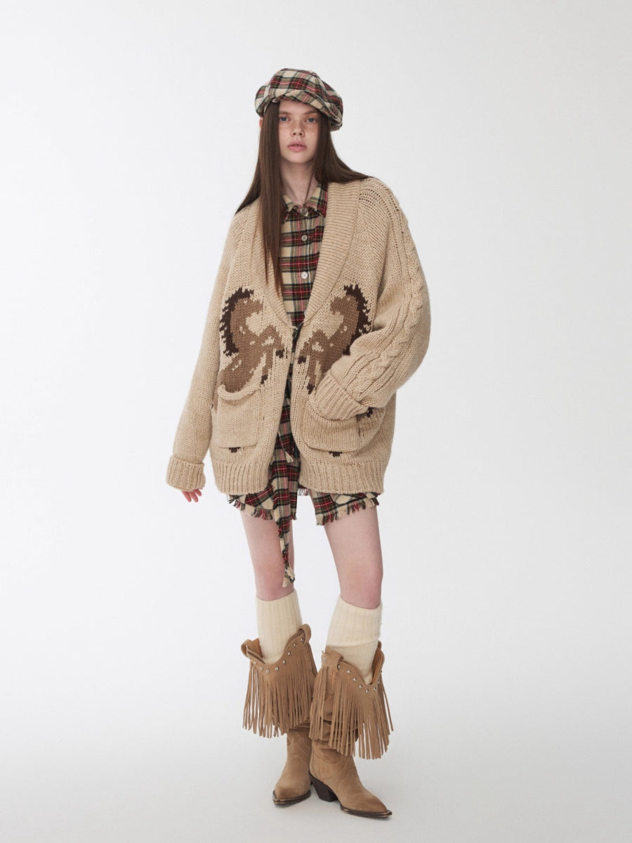 Pony Jacquard Horn-Button Chunky Cardigan