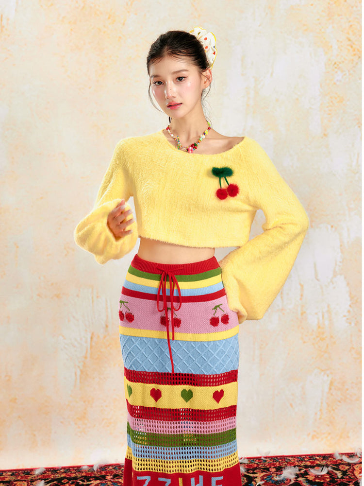Soft Yellow Off-Shoulder Knit Sweater &amp; Skirt Set