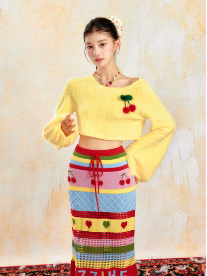 Soft Yellow Off-Shoulder Knit Sweater &amp; Skirt Set