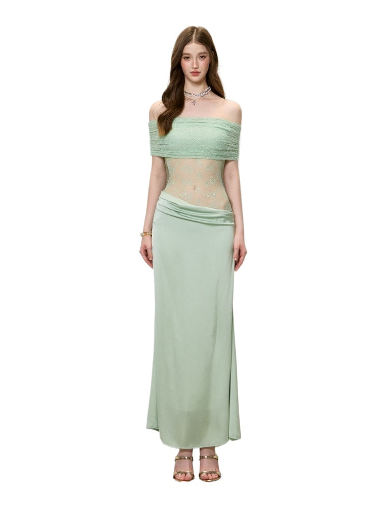 Green &amp; Black Lace Off-Shoulder Slip Dress