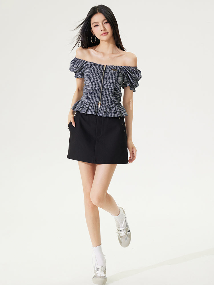 Puff Sleeve One-Word Collar Plaid Top