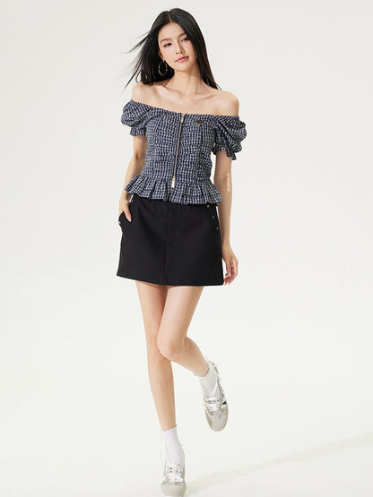 Puff Sleeve One-Word Collar Plaid Top