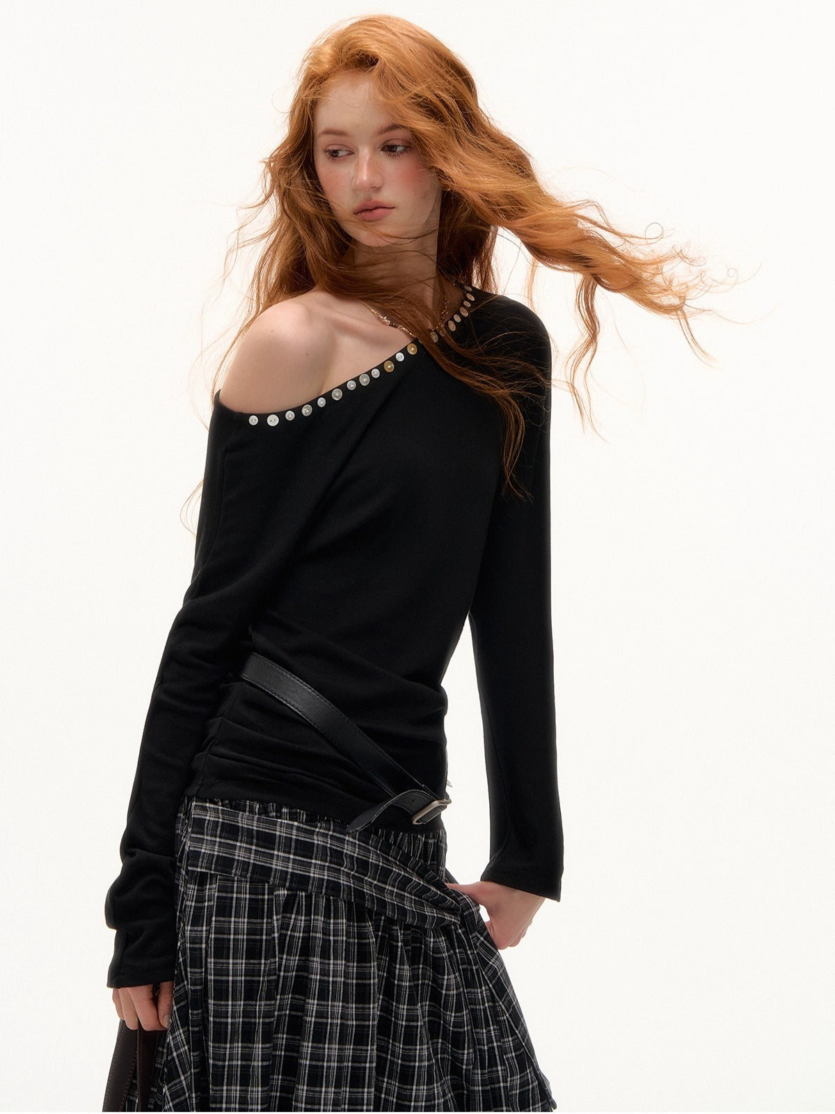 Off-Shoulder Pearl-Button Long-Sleeve T-Shirt