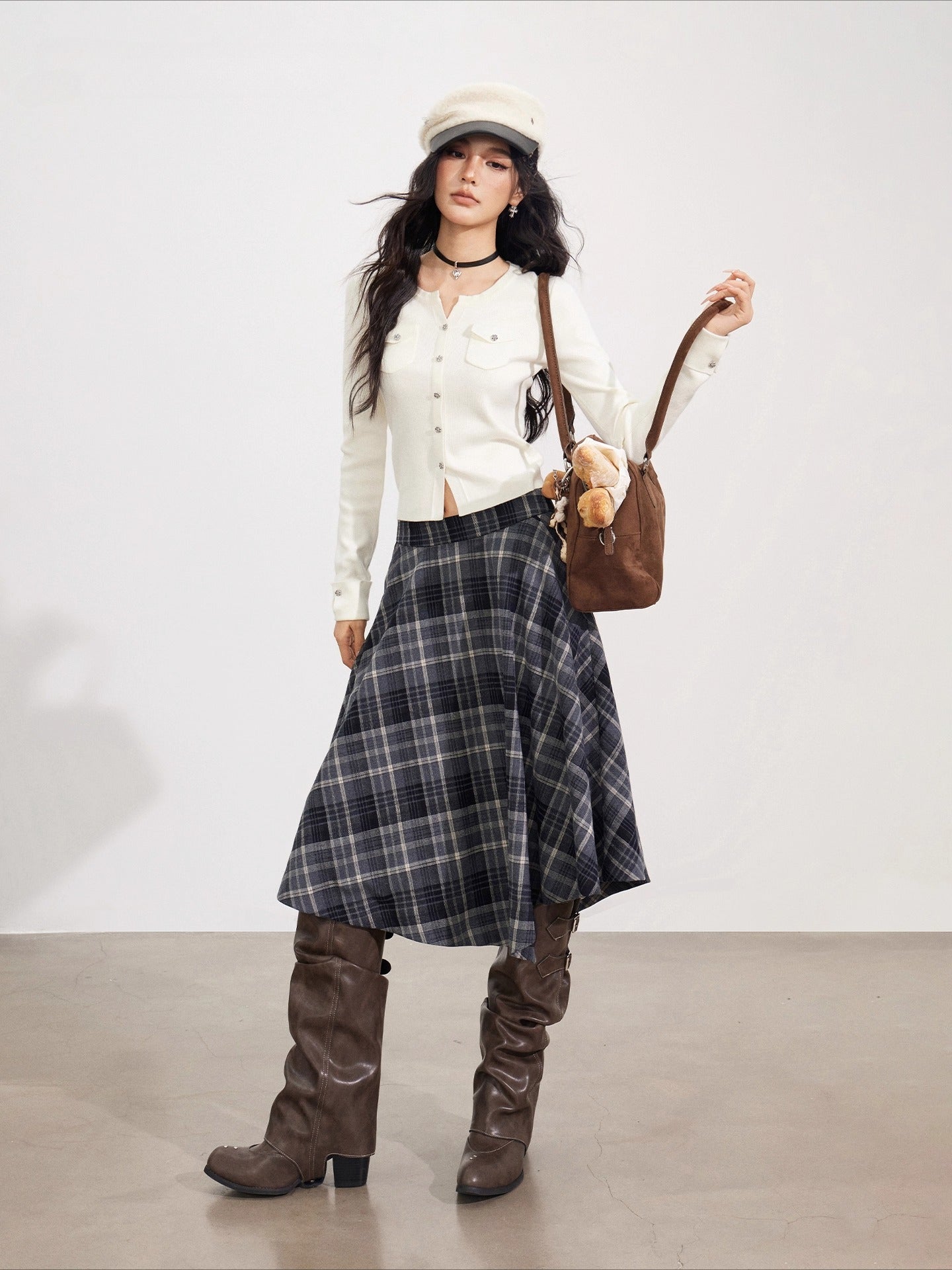 Navy Blue Plaid Wool Skirt