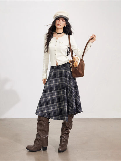 Navy Blue Plaid Wool Skirt