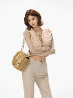 Faux Fur V-Neck Cropped Knit Top