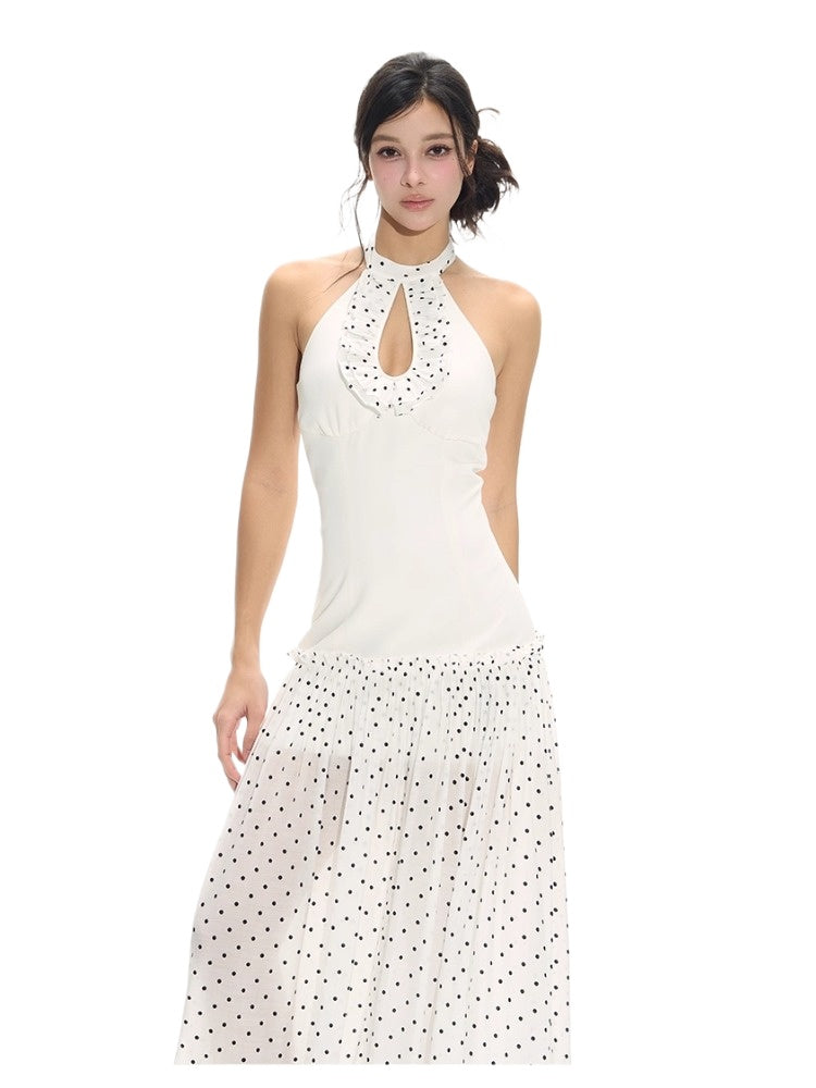 Polka Dot Print Cutout Halter Dress