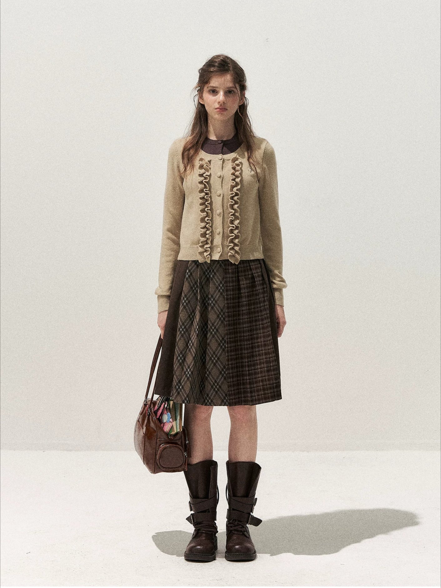 Brown Plaid Pleated Skirt