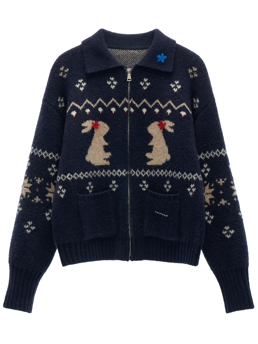 Red Snowflake Bunny Print Knit Cardigan