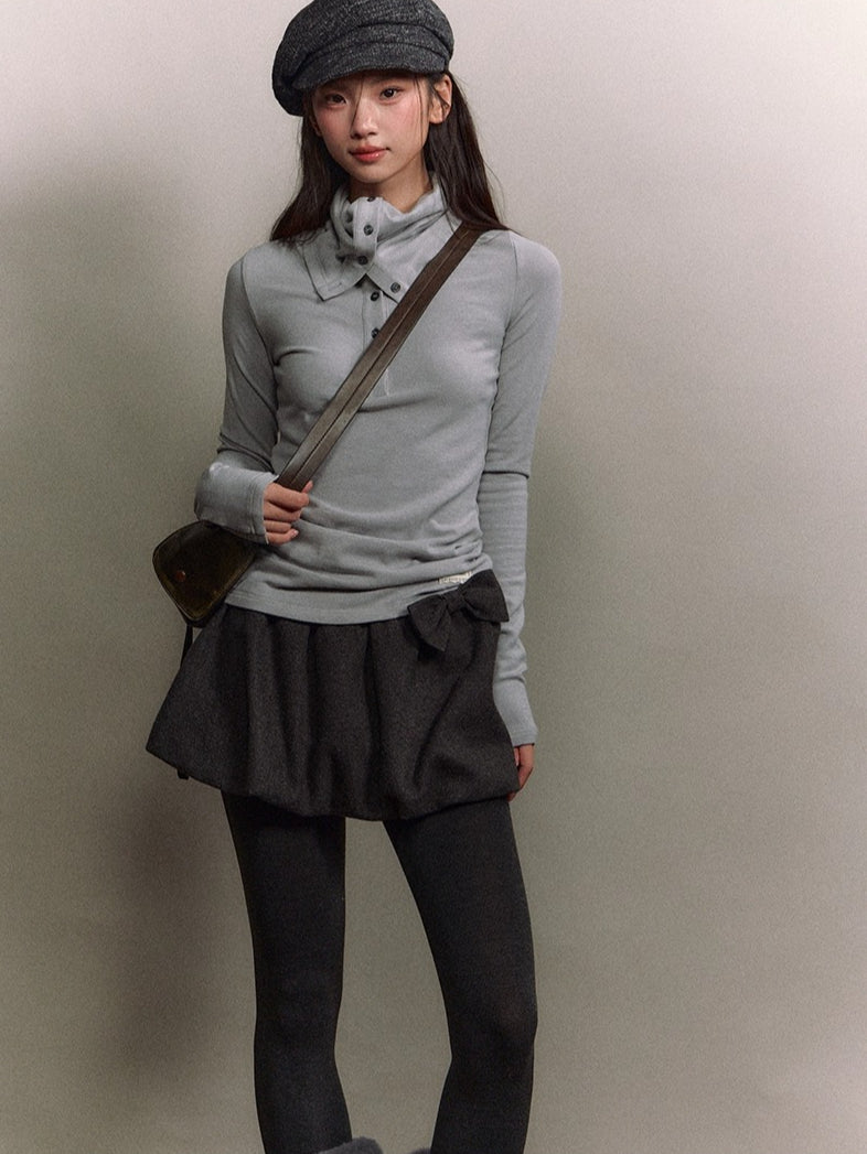Drape-Neck Slim Knit Top