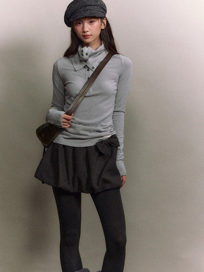 Drape-Neck Slim Knit Top