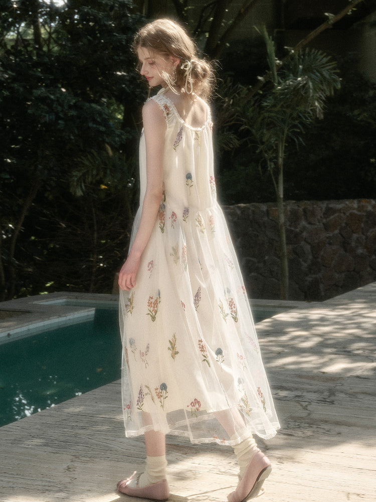 Gauze Flower Embroidered Double - Layer Sundress
