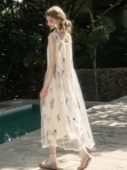 Gauze Flower Embroidered Double - Layer Sundress