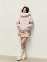Faux Layered Fur-Trim Hooded Down Jacket