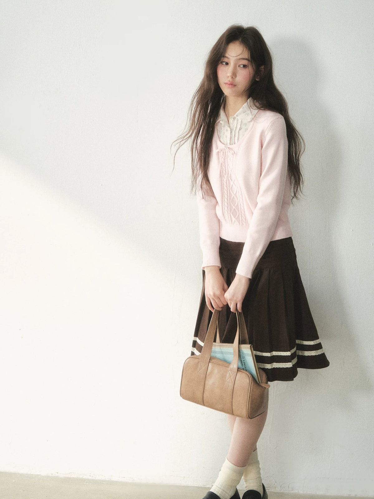 Floral Collar Bow Cable Knit Sweater