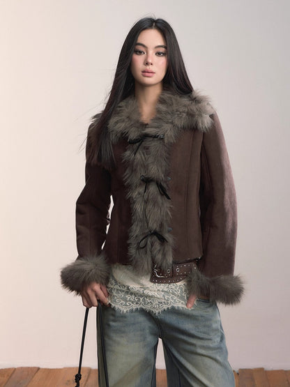 Bow Knot Tie Faux Leather Fur Combo Jacket
